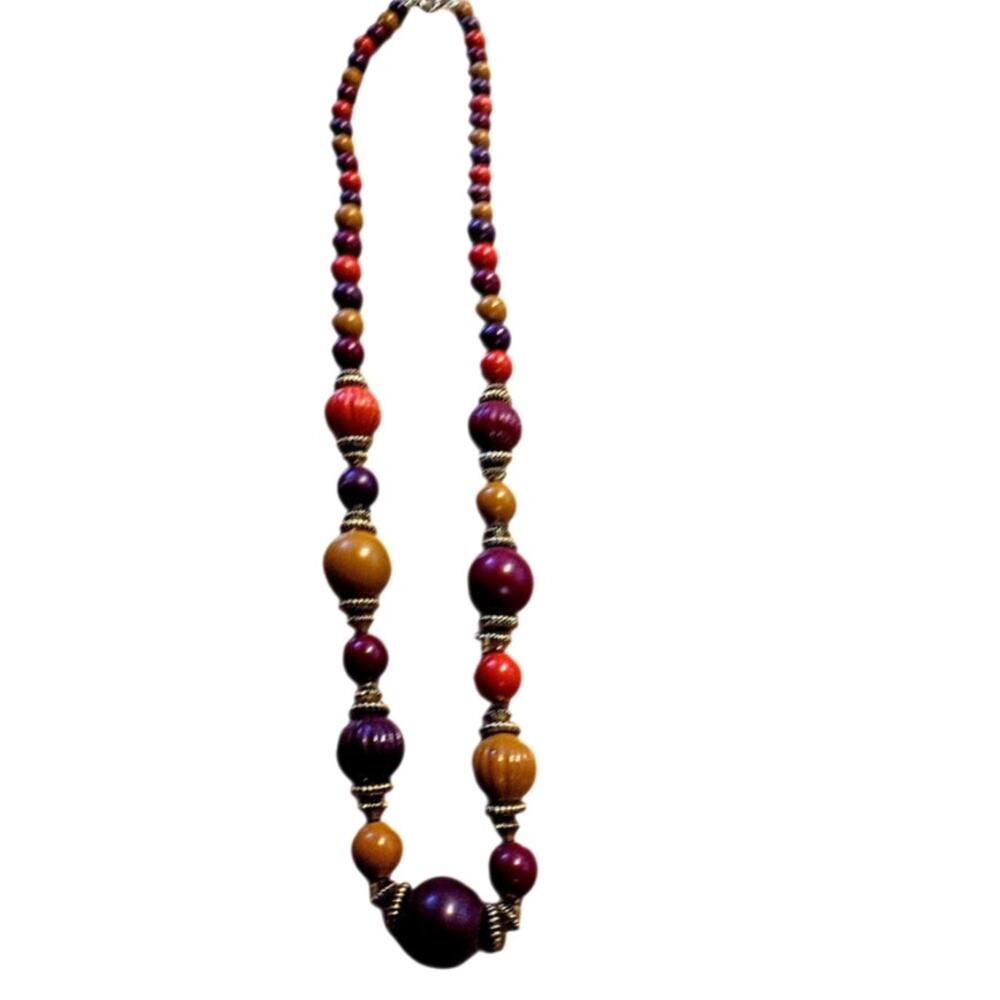 Vintage Chunky Wooden Bead Necklace in Warm Autumn Colors 25"